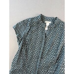 Liz & Co Womens Blue Cotton Geometric Medallion Ruffle Trim Button Up Blouse M